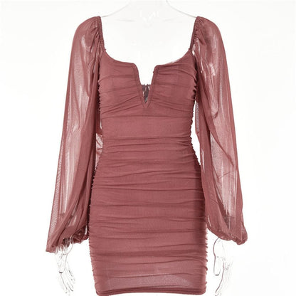 Mesh solid long sleeve ruched notch neck zip-up mini dress