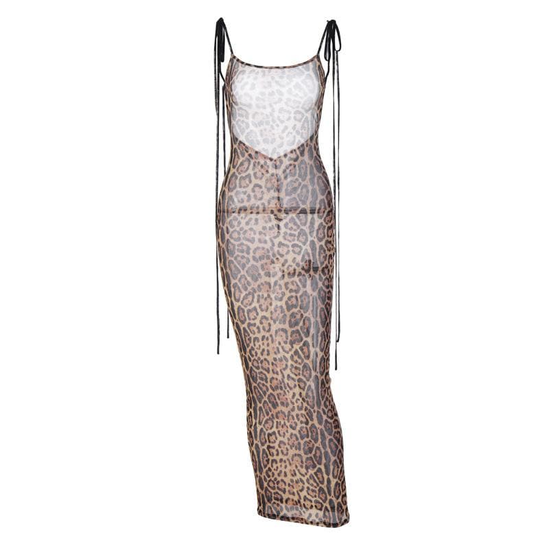 Sheer Mesh Tie Shoulder Halter Backless Bodycon Maxi Dress