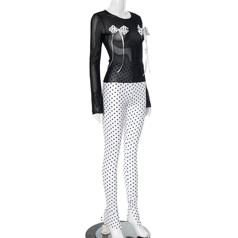 Long sleeve polka dot bowknot mesh crewneck pant set