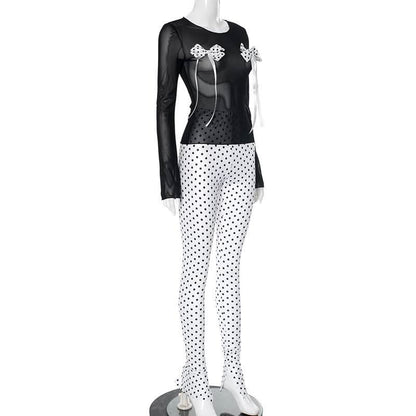 Long sleeve polka dot bowknot mesh crewneck pant set