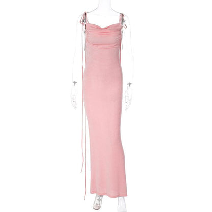Cowl Neck Lace Up Back Tie Strap Backless Maxi Dress