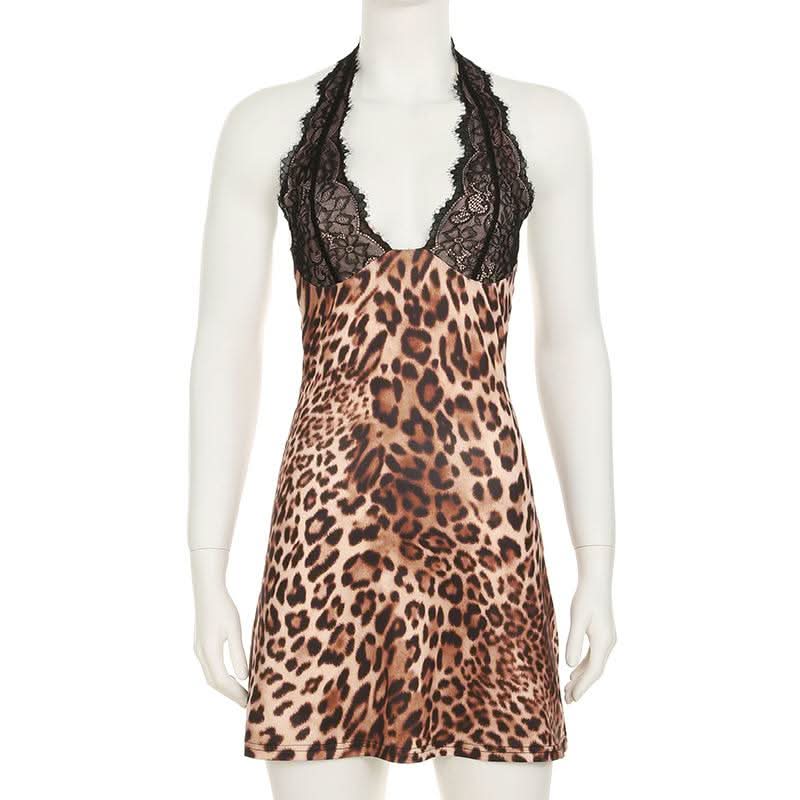 Halter leopard print backless lace mini dress