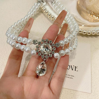 Layered rhinestone faux pearl choker necklace