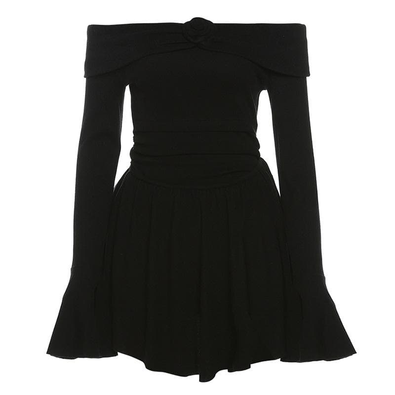 Flower applique off shoulder long flared sleeve slit mini dress