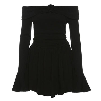 Flower applique off shoulder long flared sleeve slit mini dress