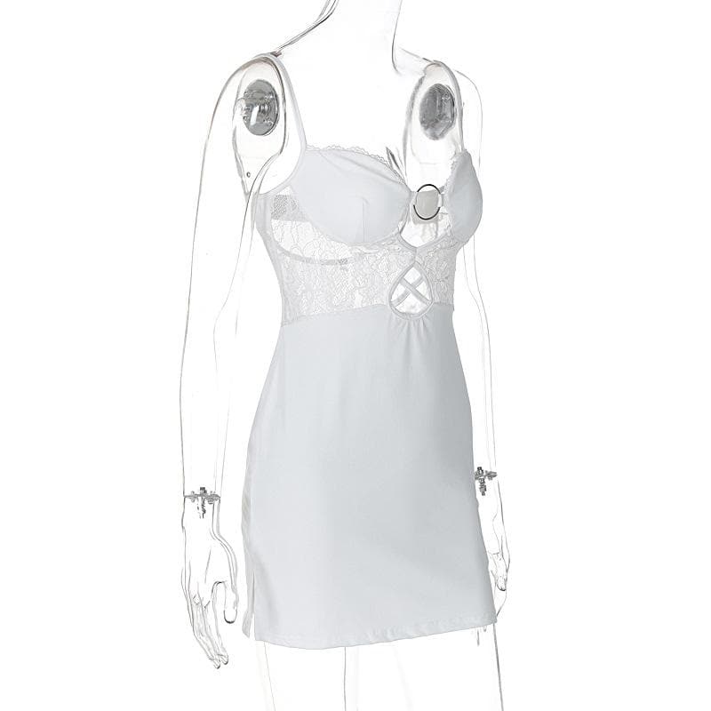 O ring lace ruched button backless cami mini dress