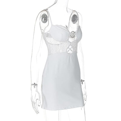 O ring lace ruched button backless cami mini dress