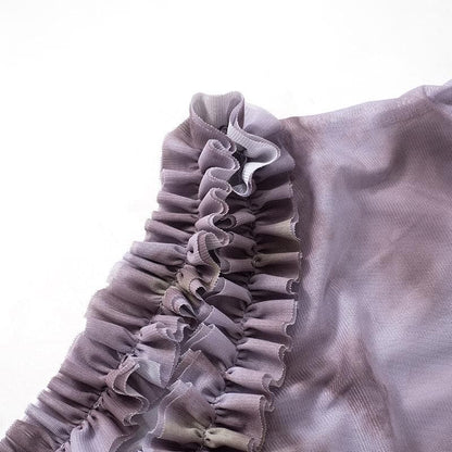 Mesh self tie print high slit ruffle cami maxi dress