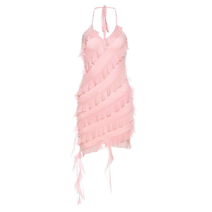 Ruffle irregular halter ribbon backless mini dress