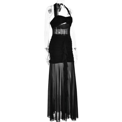 Halter patchwork mesh ruched ruffle maxi dress