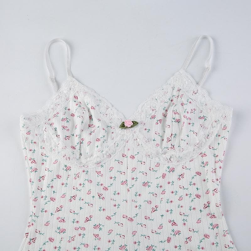 V neck textured flower print cami romper