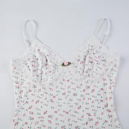 V neck textured flower print cami romper