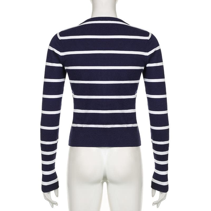 Round neck long sleeve button striped ribbed top