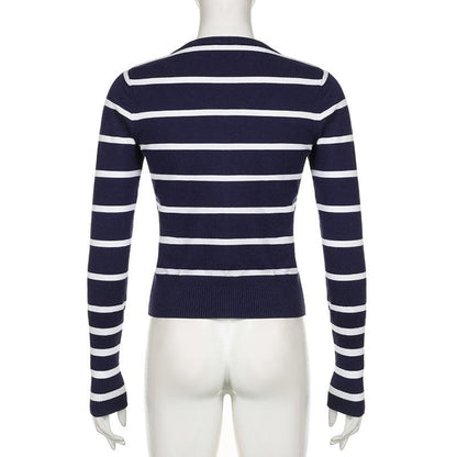 Round neck long sleeve button striped ribbed top