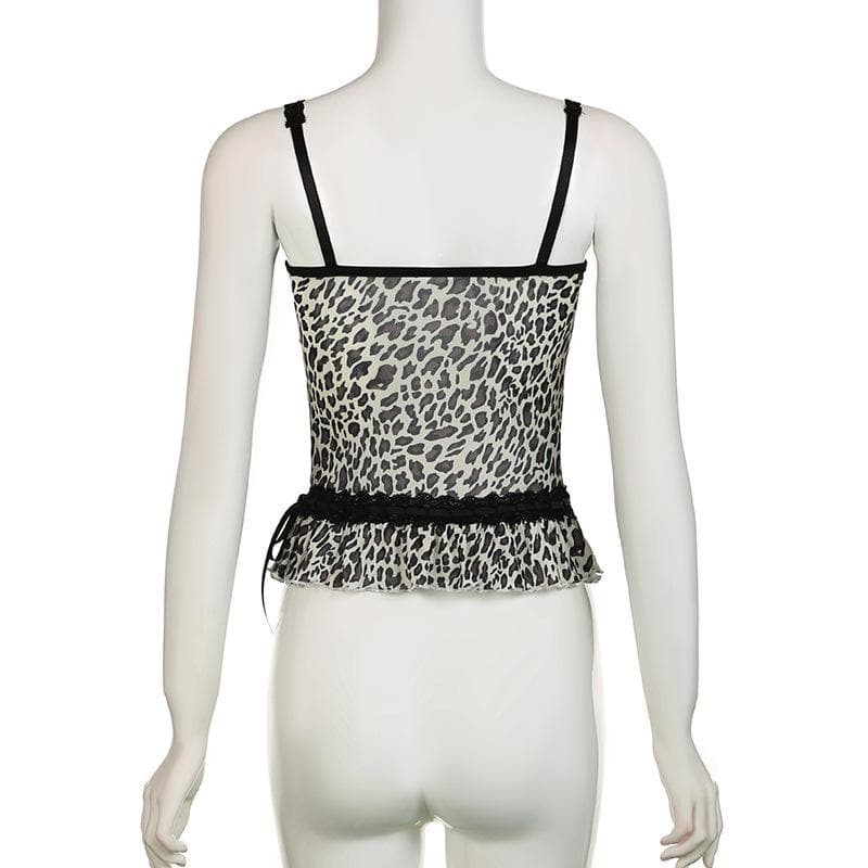Leopard print bowknot see through mesh cami top