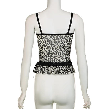 Leopard print bowknot see through mesh cami top