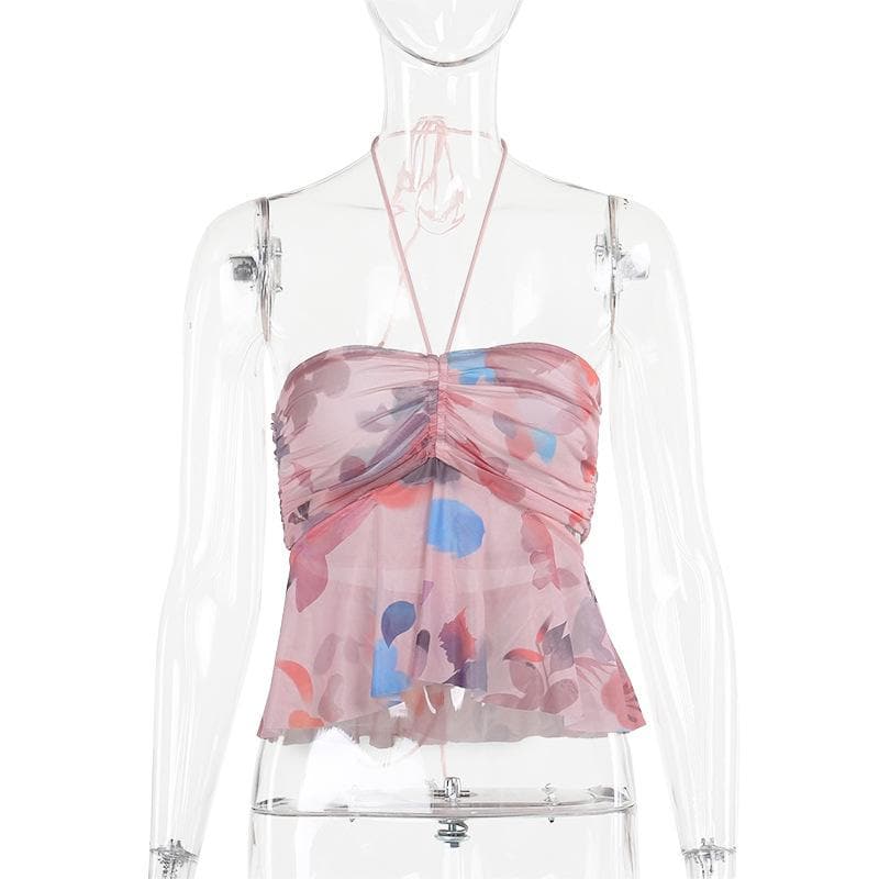 Halter drawstring ruched mesh print top