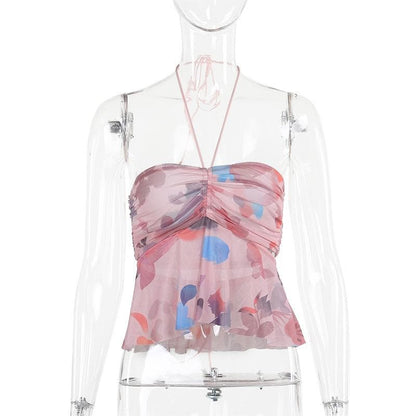 Halter drawstring ruched mesh print top