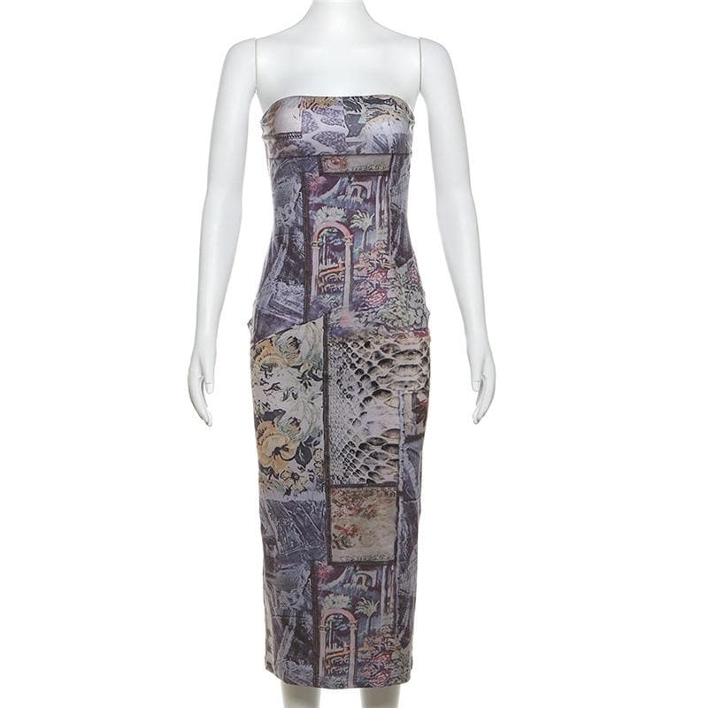 Print abstract contrast tube midi dress