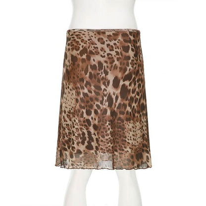 Leopard print mesh low rise midi skirt