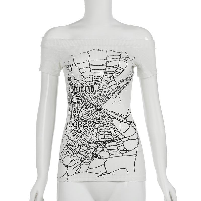 Off shoulder ribbed spider web print top