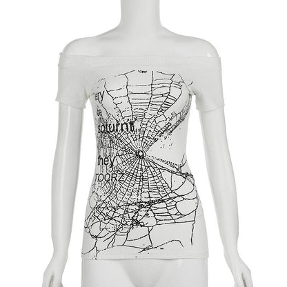 Off shoulder ribbed spider web print top