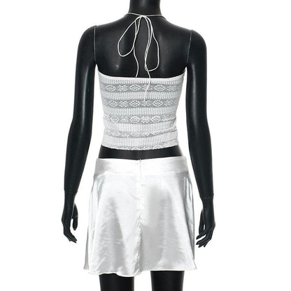 Halter cross print lace hem patchwork mini skirt set