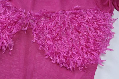 Long sleeve gloves high neck feather mesh see through maxi dress-final-sale