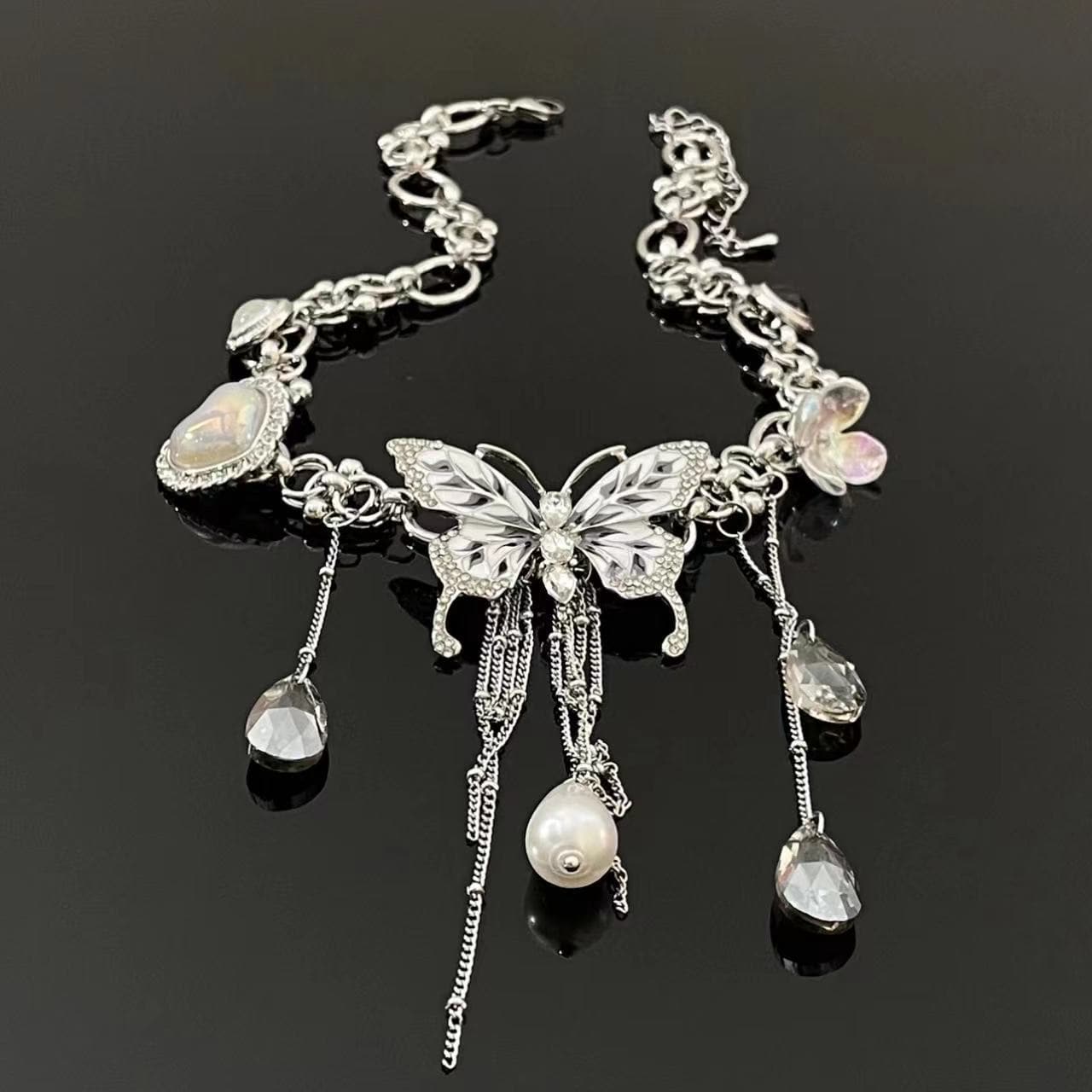 Butterfly flower pendant metal chain choker necklace