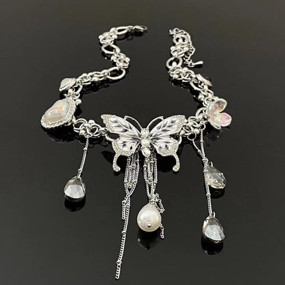 Butterfly flower pendant metal chain choker necklace