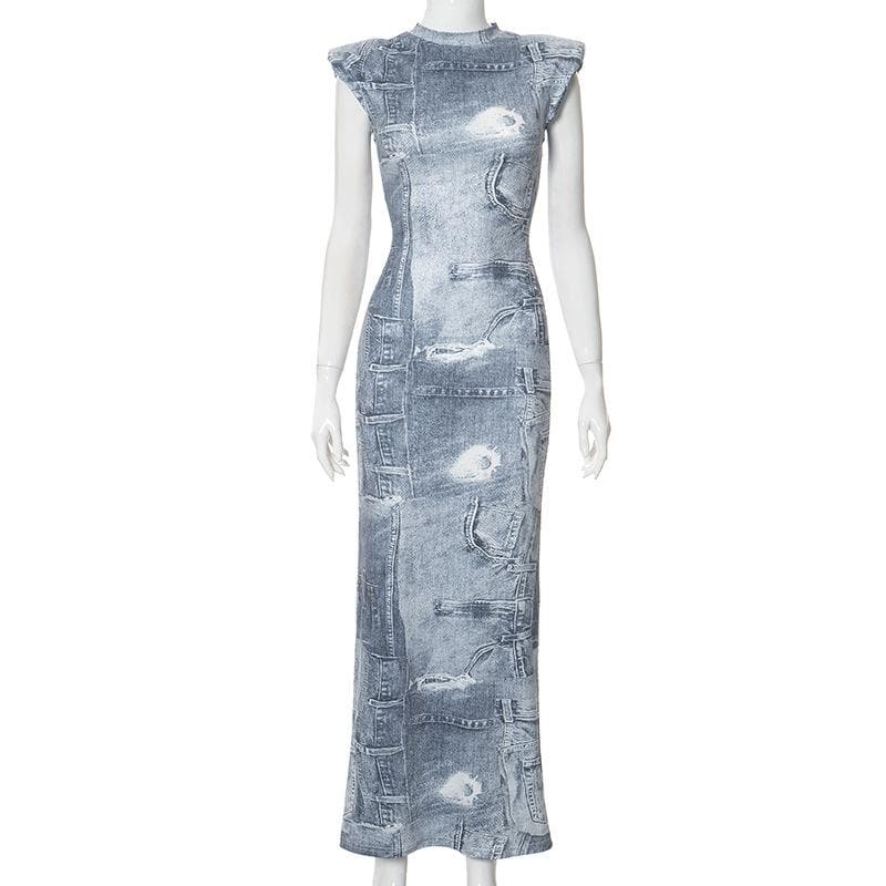 Cap sleeve crewneck denim print maxi dress