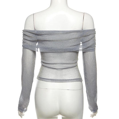 Long sleeve off shoulder flower applique glitter top