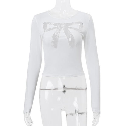 Long sleeve bowknot pattern lace mesh patchwork crewneck top