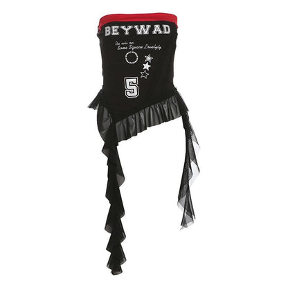 Ribbed “BEYWAD” print patchwork ruffle tube top