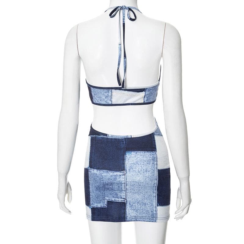 Halter patchwork denim hollow out cut out mini dress