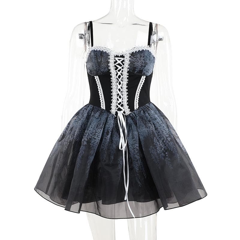Lace hem sweetheart neck lace up print ruched cami mini dress
