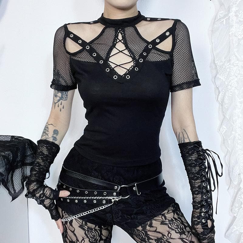 Short sleeve fishnet hollow out patchwork cut out top