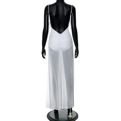 Ruched mesh high slit backless cami maxi dress