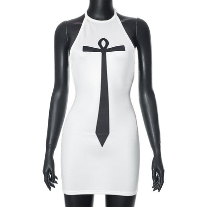 Cross pattern halter contrast backless self tie mini dress