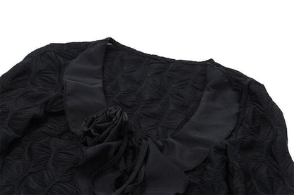 Textured long sleeve ruffle self tie solid crop top