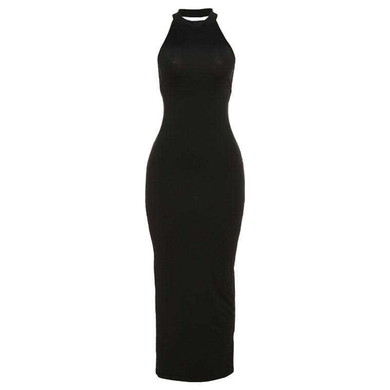 Halter backless slit solid sleeveless hollow out cut out maxi dress