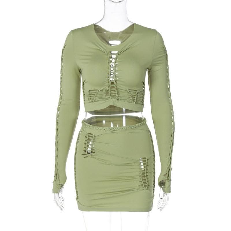 Long sleeve solid hollow out round neck ruched crop top skirt set-final-sale
