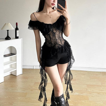 Off shoulder lace ruffle hollow out cut out top