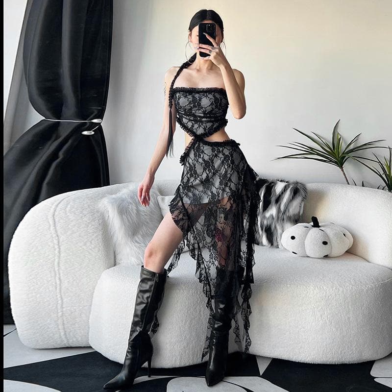 Lace ruffle solid slit hollow out backless tube cut out midi dress