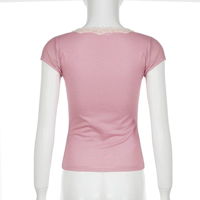 Short sleeve lace hem striped print button top