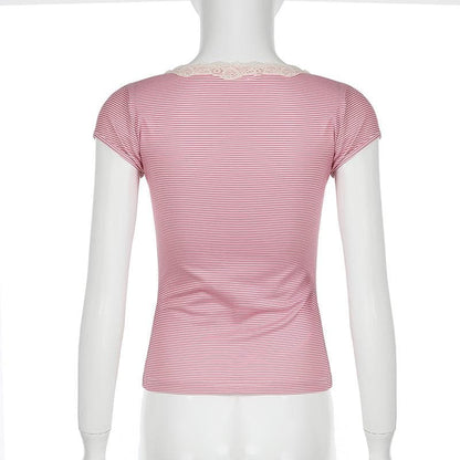 Short sleeve lace hem striped print button top
