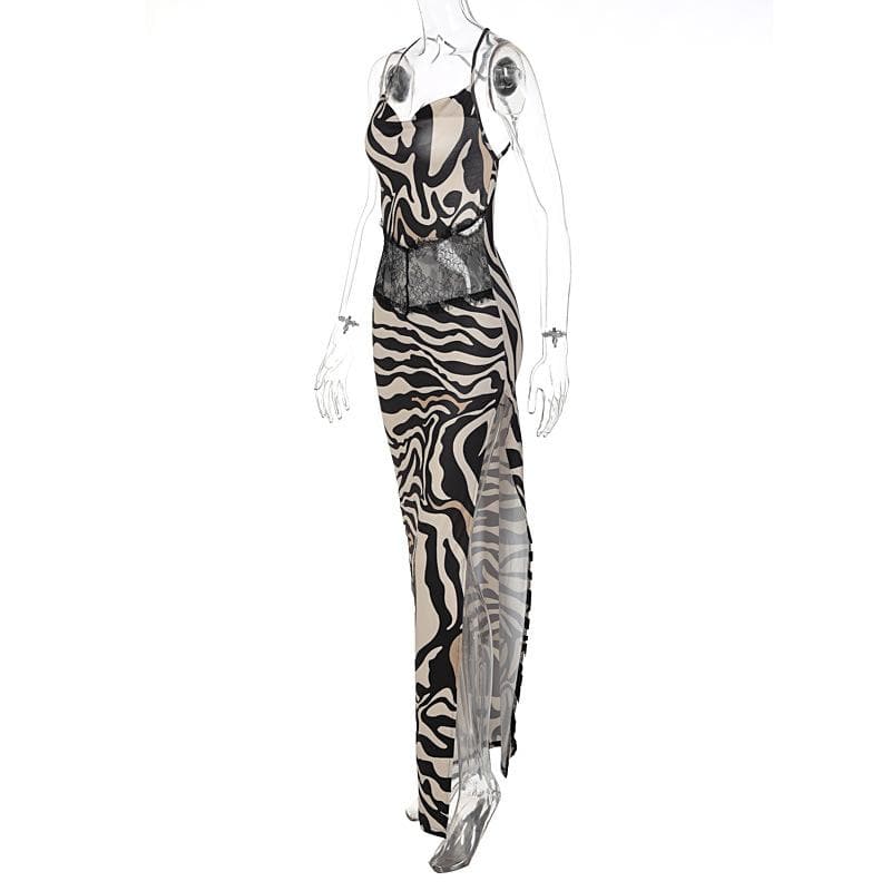 Zebra print hollow out contrast cross back slit backless cut out maxi dress