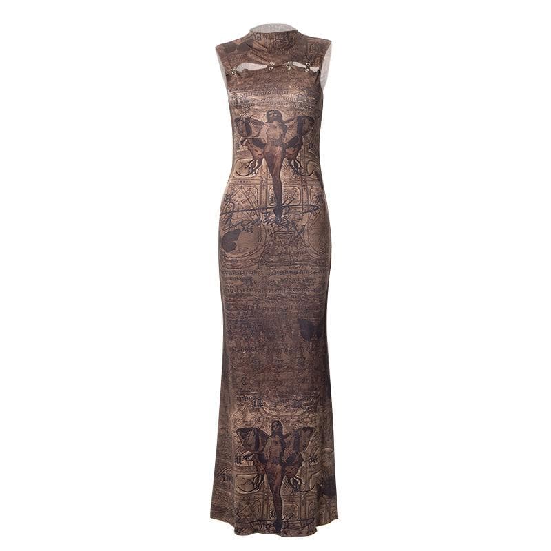 Abstract print hollow out stitch sleeveless cut out midi dress