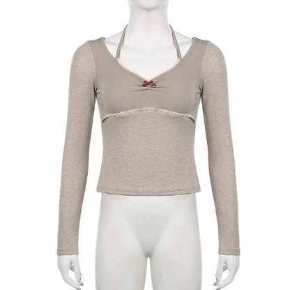 Long sleeve halter bowknot lace hem top