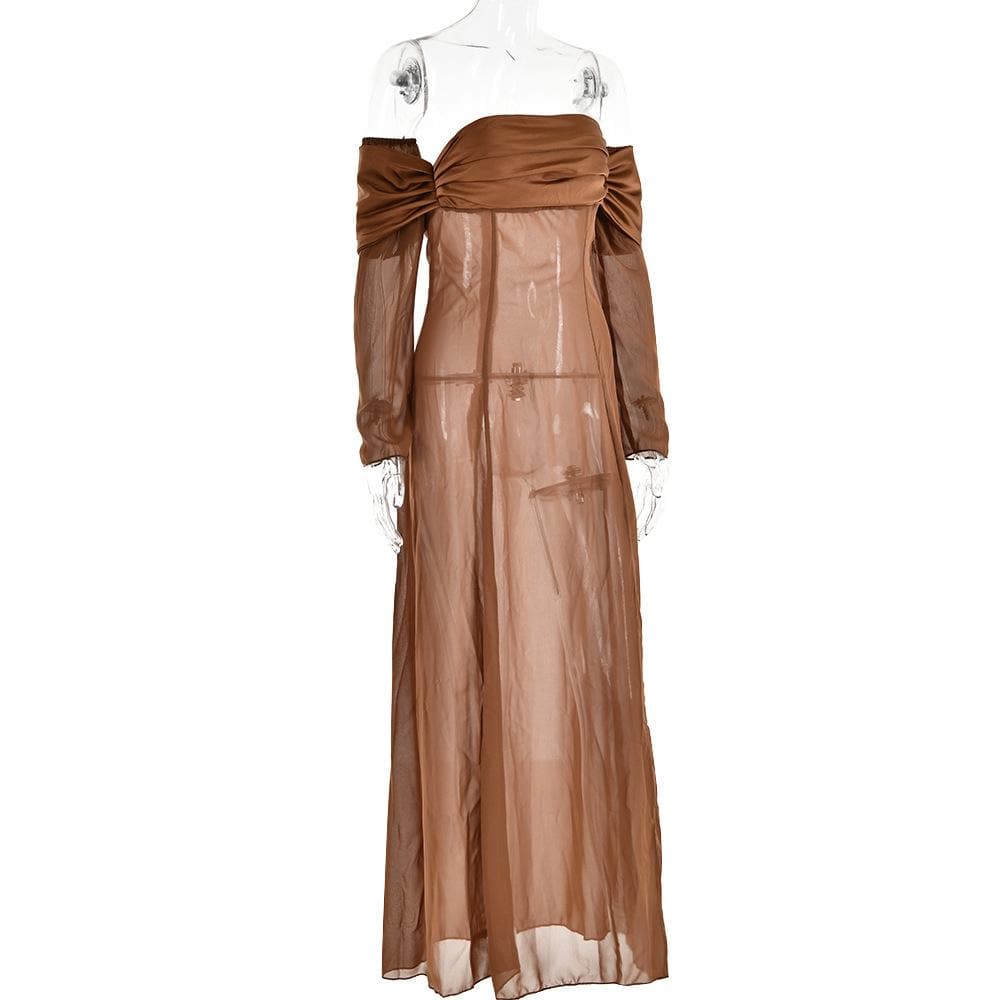 Long sleeve off shoulder ruched see through mesh maxi dress- Final Sale